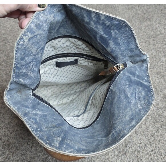 Mona B Collins Tote Bag Distressed Leather Denim Rustic Purse Handbag - Picture 5 of 14